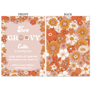Two Groovy Retro Floral Party Invitation showing front and back of invitation