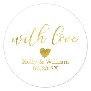 a round sticker with a gold heart on it