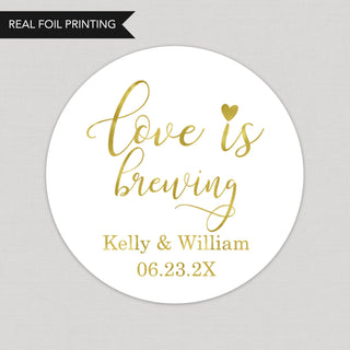 a round sticker with the words love is brewing on it