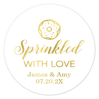 a round sticker with the words sprinkled with love and a donut