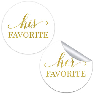 two round stickers with the words his favorite and her favorite