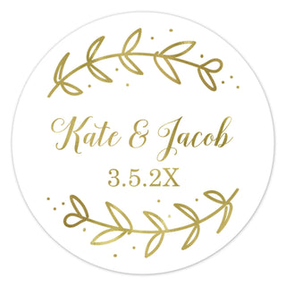a white and gold wedding sticker with leaves