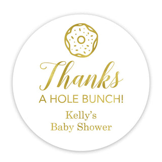a round sticker with a donut on it that says thanks a hole bunch