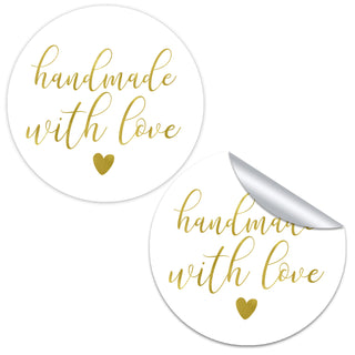 a pair of round stickers with the words handmade with love written on them