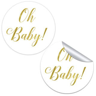 two round stickers with the words oh baby on them