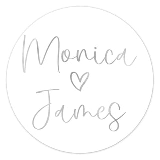 a round sticker with the words monica and james written on it