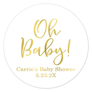a round sticker with the words oh baby on it