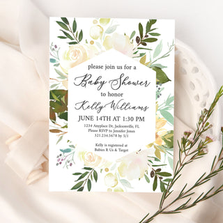 a white and green floral bridal party card