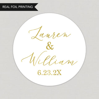 a white and gold wedding sticker with the words, lauren and william on it