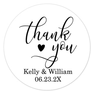 a round sticker with the words thank you and a heart