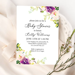 Purple Floral Baby Shower Invitations