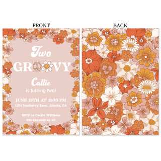 Two Groovy Retro Floral Party Invitation showing front and back of invitation