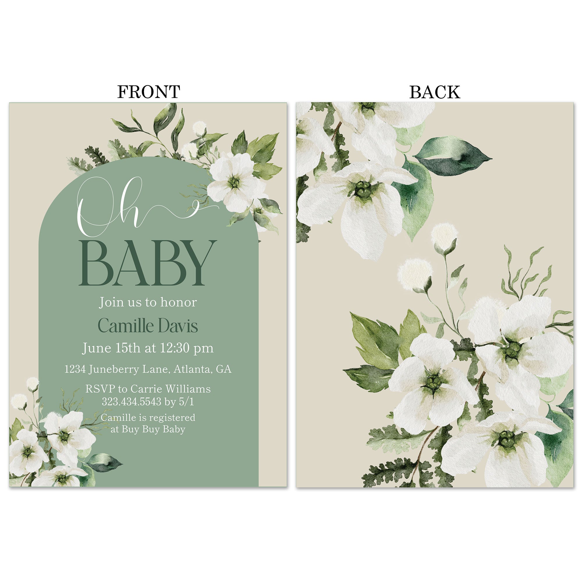  Andaz Press Sage Green with Cream Floral Blossoms Fall Baby  Shower Party Collection, Blank Invitations with Envelopes, Floral Bouquet  Graphic Design, 20-Pack : Home & Kitchen