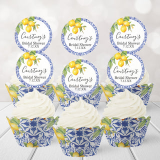 Blue Tile Lemon Cupcake Wrappers and Treat Picks - 24 Ct