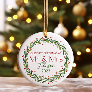 Holiday Wreath First Christmas as Mr and Mrs Ornament