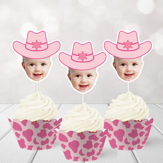 Cowgirl Face Cupcake Toppers, Girl First Rodeo Party Cupcake Toppers