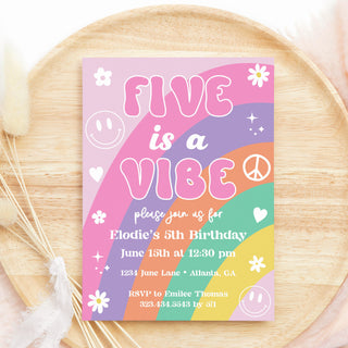 Five is a Vibe Groovy Rainbow Pink Invitations