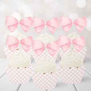 Pink Bow Cupcake Wrappers and Treat Picks - 24 Ct