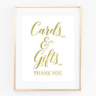 a gold foil print with the words cards and gifts thank you