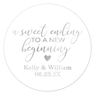 a sweet ending to a new beginning wedding sticker