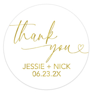 a thank sticker with the words thank you in gold ink