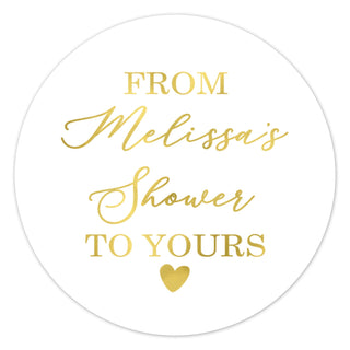 a round sticker with the words from melissa's shower to yours