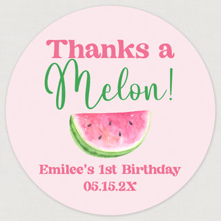 a watermelon birthday sticker with the words, thanks a melon