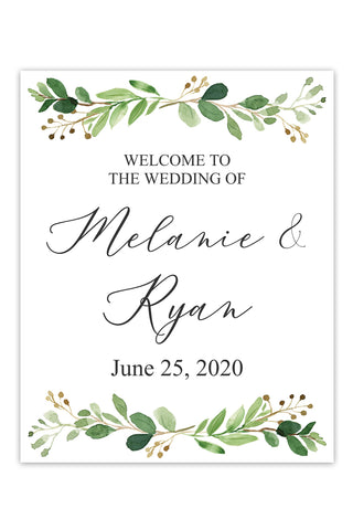a wedding welcome card with leaves and berries