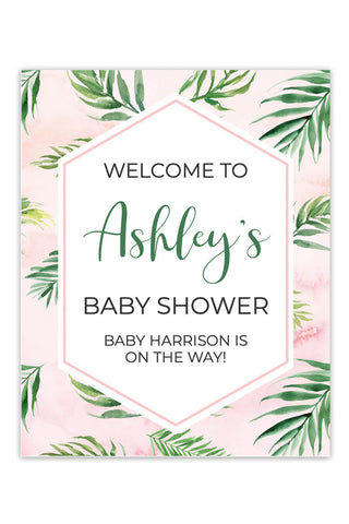 a pink and green baby shower sign with the words welcome to ashy's