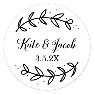 a round wedding sticker with the words kate and jacob printed on it