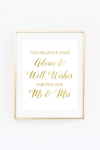 a gold foil print with the words please leave your advice and well wishes for the