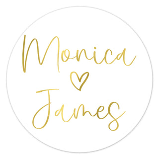 a round sticker that says monica and james