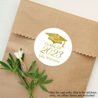 a brown paper bag with a white flower and a class of 209 sticker on