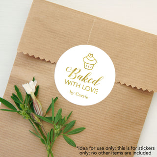 a paper bag with a sticker that says baked with love