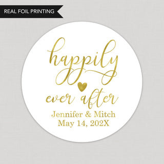 a round sticker with the words happily ever after printed on it