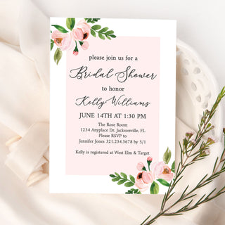 a pink floral bridal shower party card