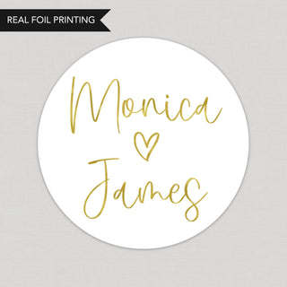 a round sticker that says monica and james
