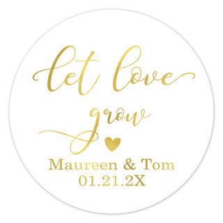 a round sticker that says let love grow