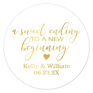 a round sticker with the words, sweet ending to a new beginning