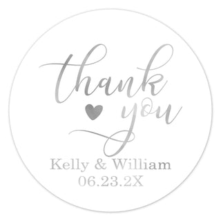 a round thank sticker with the words thank you and a heart