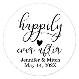 a round sticker with the words happily ever after