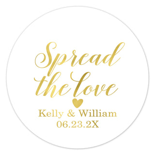 a round sticker with the words spread the love on it