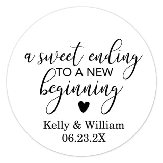 a round sticker with the words, a sweet ending to a new beginning