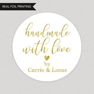 a round sticker with the words handmade with love written on it