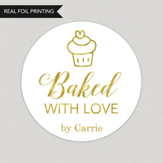 a round sticker with the words baked with love written on it