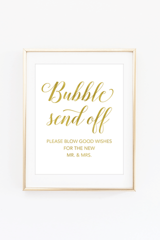 a white and gold print with the words bubble send off