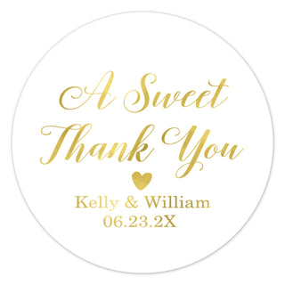 a round sticker with the words, a sweet thank you and a gold heart