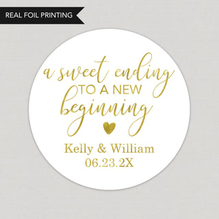 a round wedding sticker with the words, a sweet ending to a new beginning