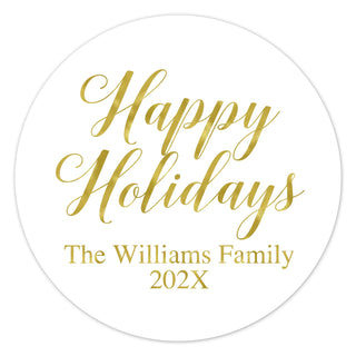 a white and gold holiday sticker with the words happy holidays on it