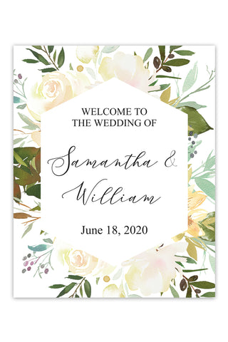 a wedding welcome card with watercolor flowers